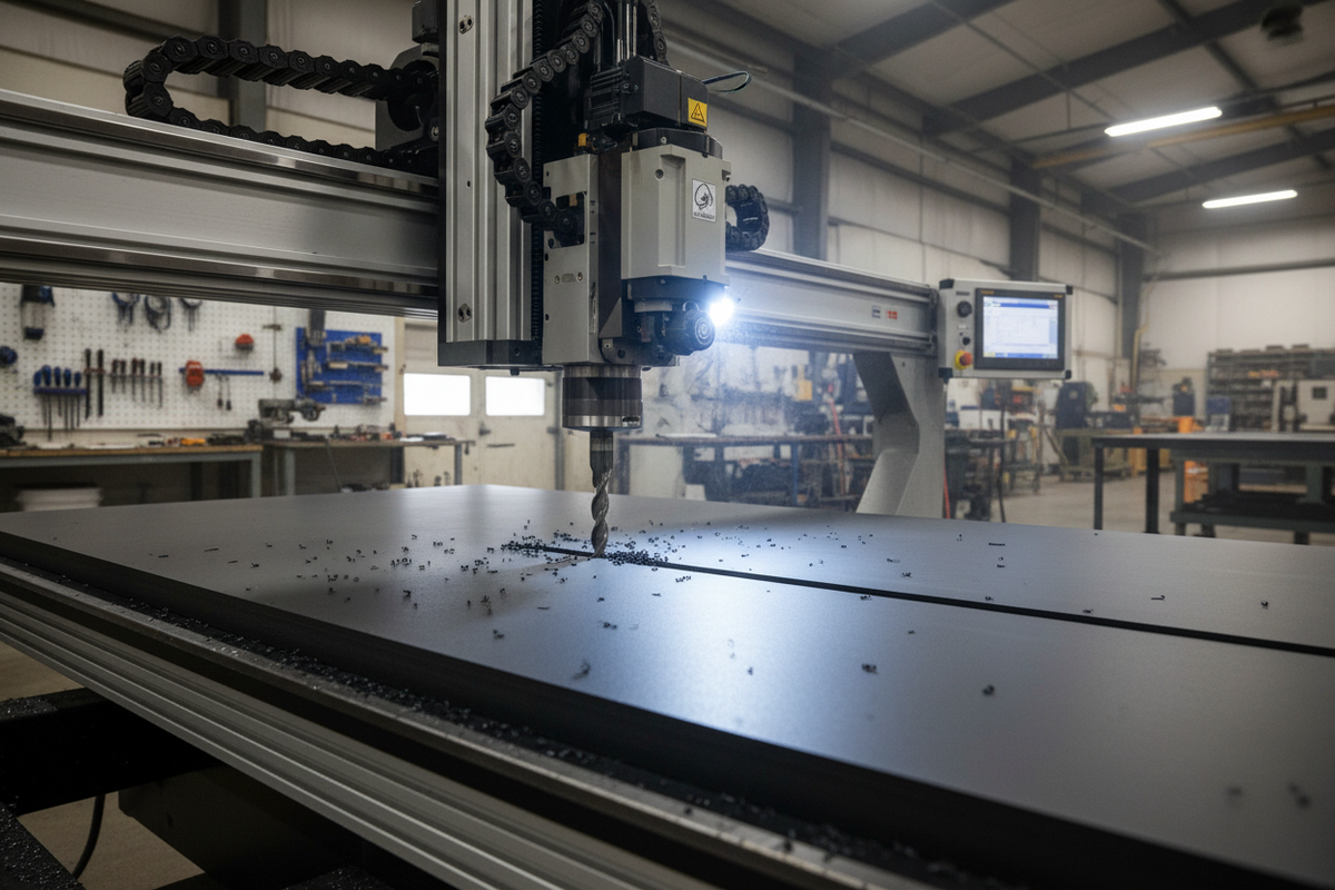 CNC router cutting King Starboard (a black polymer material)